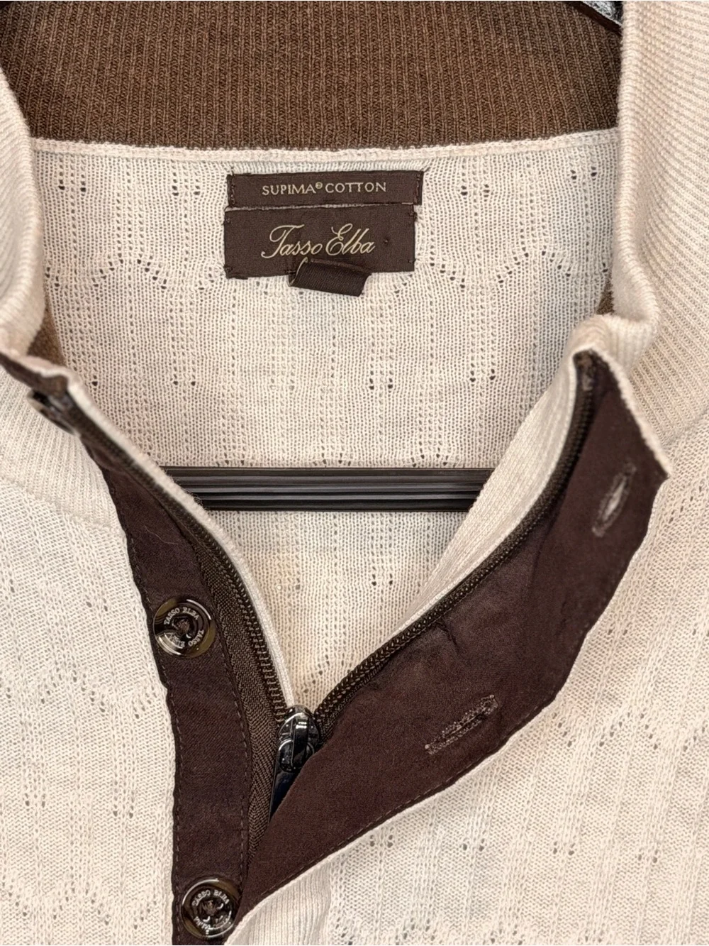 Tasso Elba Men’s Supima Cotton Cableknit Sweater - Cream with Brown Accents XL